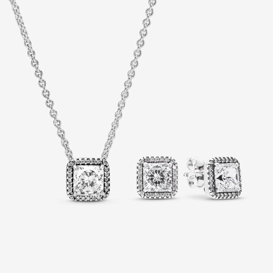 Square Sparkle Halo Necklace and Earrings Gift Set image number 0